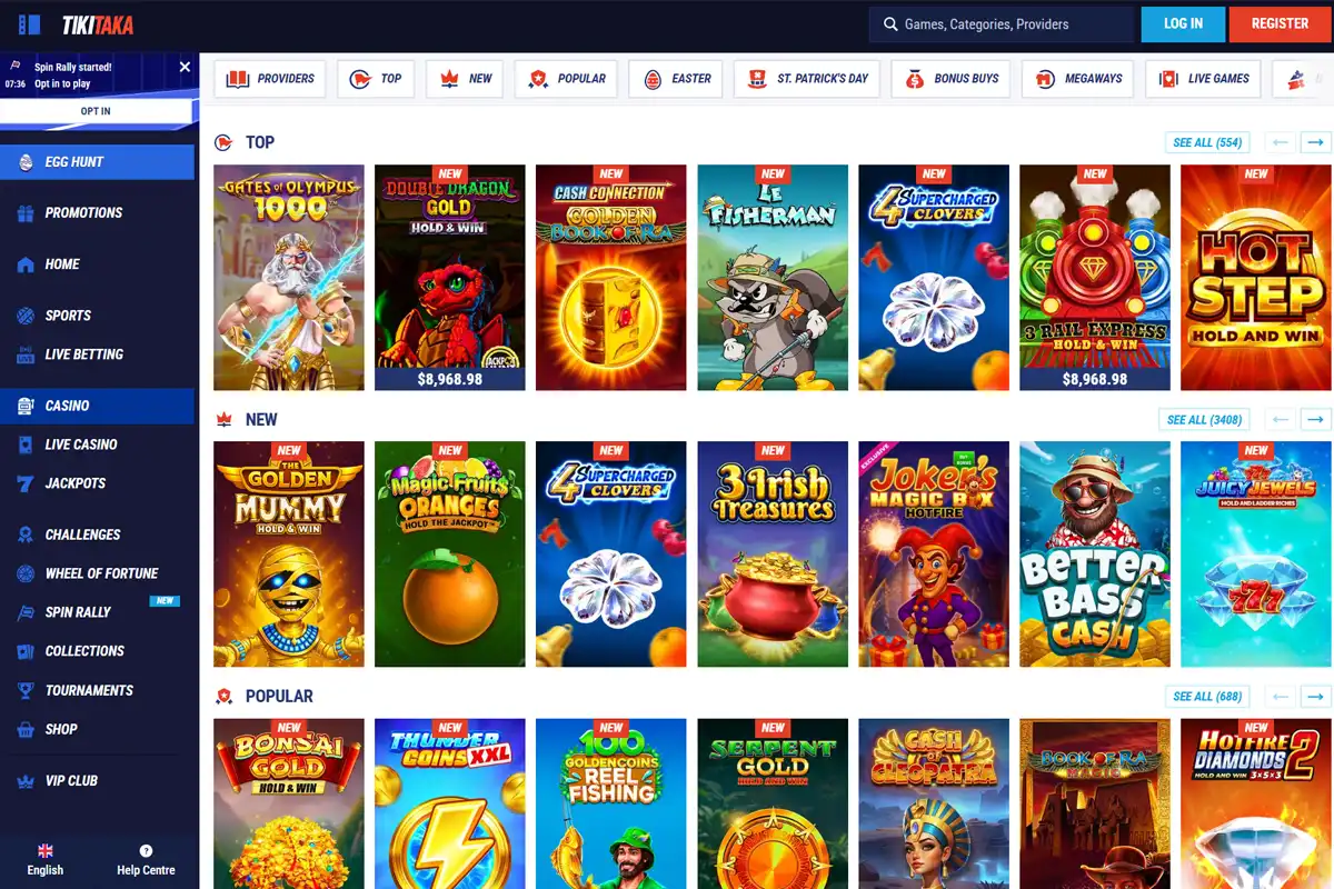 Tikitaka Casino mobile games lobby with slots and categories