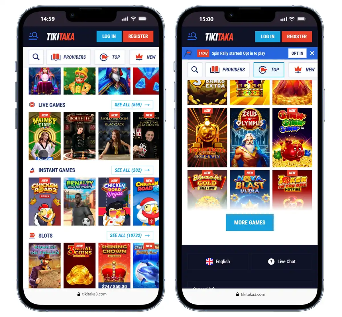 Tikitaka Casino mobile interface on smartphones with slots, live games and navigation